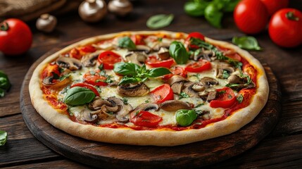 A delicious homemade pizza topped with fresh vegetables, mushrooms, and mozzarella, resting on a rustic wooden board.