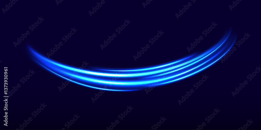 Poster Light line neon swirl effect. Vector glitter light fire flare trace. Bokeh blue light glitter round wave line with sparkling particles. Abstract neon color glowing lines background.