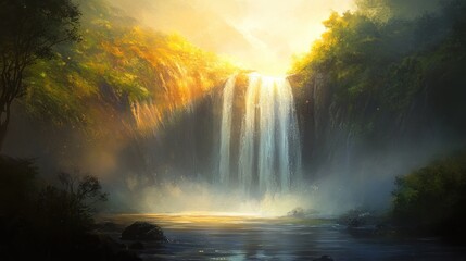 Majestic waterfall cascades in misty jungle, sunrise