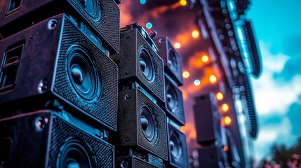 Stacked concert speakers and sound system equipment at live event with lights and powerful audio setup for music festivals and performances, Generative AI