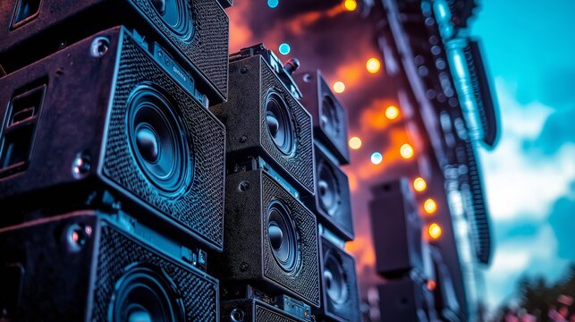 Stacked concert speakers and sound system equipment at live event with lights and powerful audio setup for music festivals and performances, Generative AI