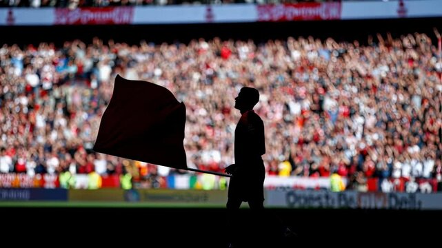 Silhouette of a person waves a large flag on a sports field facing a massive blurred stadium crowd, representing fandom, team support and large-scale event energy