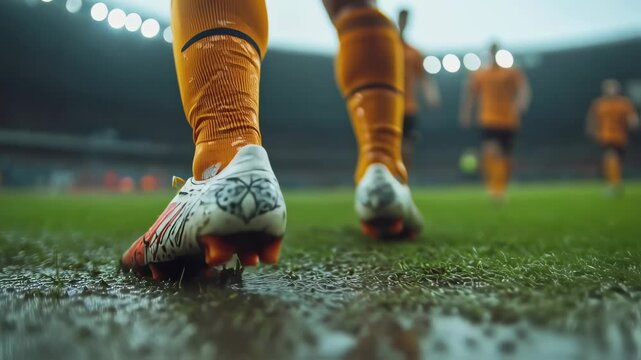 Close-up of a soccer player's boot stepping into a muddy puddle on a wet field during a game, illustrating challenging weather conditions, determination, and intense action in sports