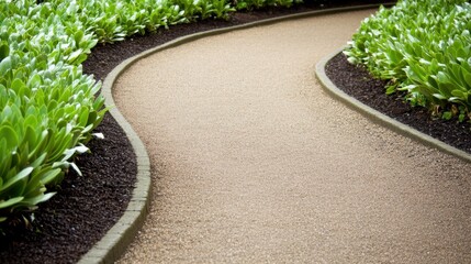 Serpentine garden pathway surrounded by lush greenery and curved edging