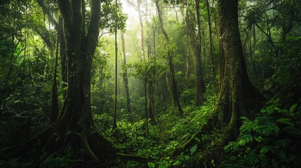 Fototapeta premium A dense jungle filled with towering trees, their branches covered in thick vines and moss
