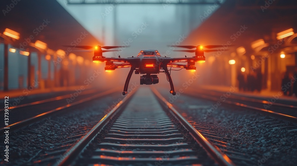 Poster a drone equipped with surveillance tools hovers above railway tracks in an urban area, monitoring th