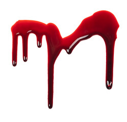 Dripping blood isolated on white background. Flowing bloody stains, splashes and drops. Trail and...