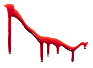 Dripping blood isolated on white background. Flowing bloody stains, splashes and drops. Trail and drips red blood close up