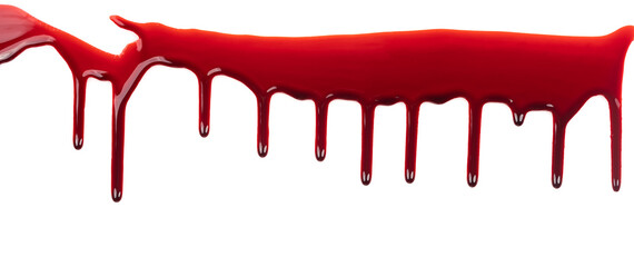Dripping blood isolated on white background. Flowing bloody stains, splashes and drops. Trail and...