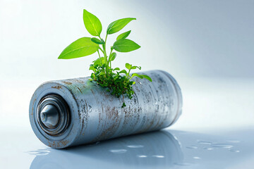 A sprouting plant growing from a rusty battery, symbolizing the intersection of nature and technology in an eco-friendly world.