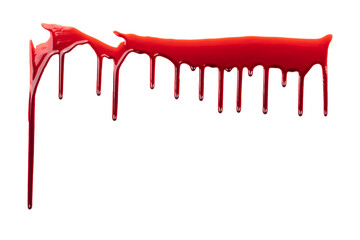 Dripping blood isolated on white background. Flowing bloody stains, splashes and drops. Trail and...