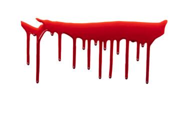 Dripping blood isolated on white background. Flowing bloody stains, splashes and drops. Trail and drips red blood close up