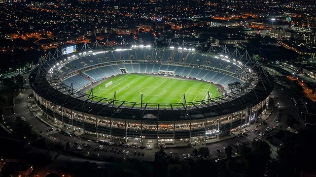 Aerial view of a brightly illuminated stadium at night, surrounded by city lights, ready for a sporting event or concert, representing urban life and large-scale entertainment