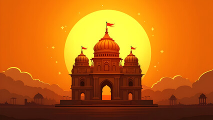 Majestic Indian Temple Silhouette at Sunset with Glowing Sun Halo, Spiritual and Cultural Architectural Illustration for Hindu Festivals, Posters, Religious Events, Meditation, and Backgrounds