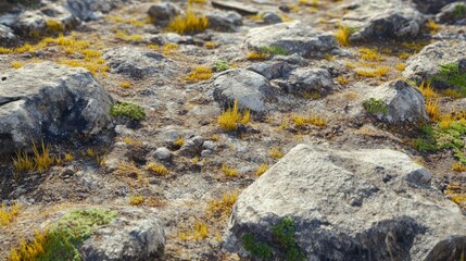 detailed 3D rocky ground with scattered stones and moss-covered textures