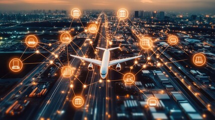 Airplane Connecting with Digital Network Over Urban Landscape at Dusk