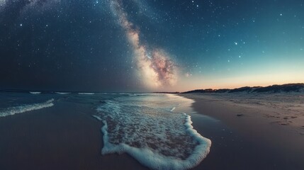 Milky Way over ocean beach, waves, night sky, peaceful landscape, travel
