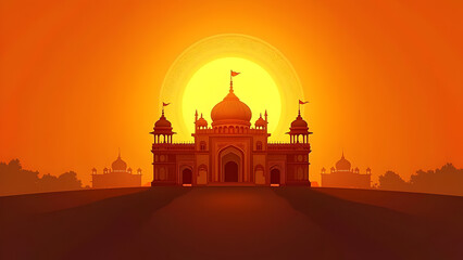 Majestic Indian Temple Silhouette at Sunset with Glowing Sun Halo, Spiritual and Cultural Architectural Illustration for Hindu Festivals, Posters, Religious Events, Meditation, and Backgrounds