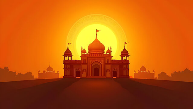 Majestic Indian Temple Silhouette at Sunset with Glowing Sun Halo, Spiritual and Cultural Architectural Illustration for Hindu Festivals, Posters, Religious Events, Meditation, and Backgrounds