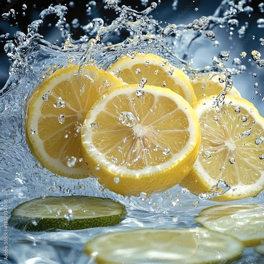 Poster Fresh lemon and lime slices create vibrant splash in water, showcasing their juicy texture and bright colors. This refreshing scene evokes sense of vitality and zest