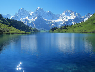 Naklejka premium A serene alpine lake with snow-covered mountains in the background, a bright blue sky, and no visual distortion, ensuring high detail in nature