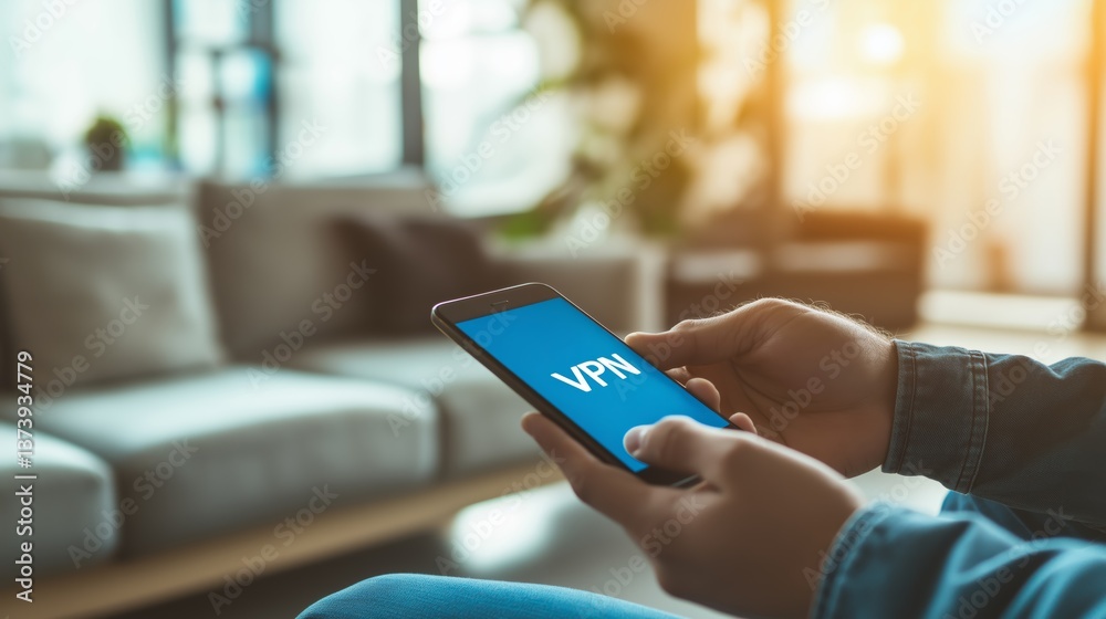 Poster Close-up of smartphone displaying VPN app in hand, illustrating secure browsing, privacy, and digital protection for mobile users, Generative AI