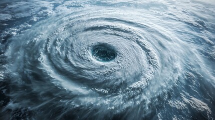 hurricane eye aerial view of a powerful storm system, massive hurricane swirling cloud patterns and storm intensity. Concept of the environment, landscapes, hurricane and tsunami.