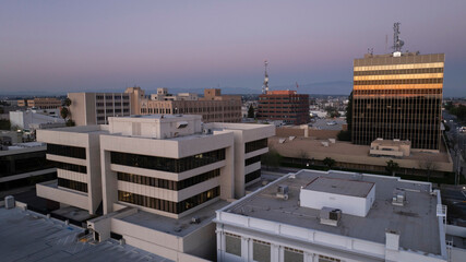 Twilight view of the downtown skyline of Bakersfield, California, USA.