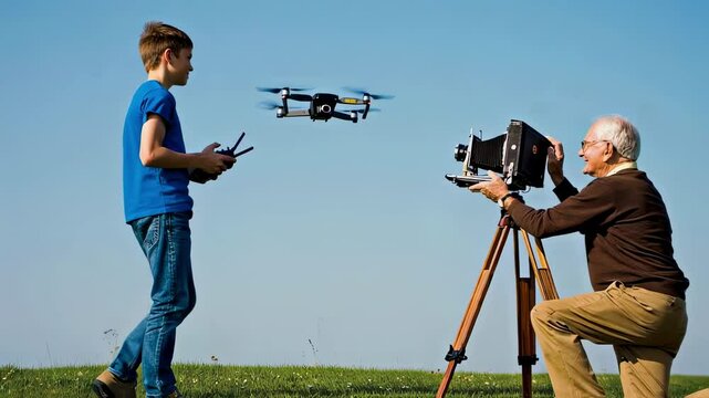 Boy operates modern drone mid flight next to senior man using vintage large format camera on tripod outdoors, showing the evolution of photography technology and intergenerational hobbies