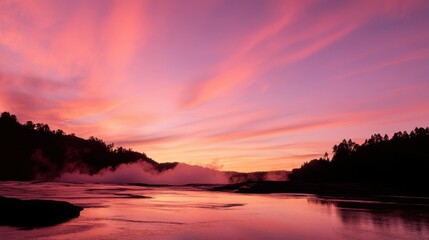 Stunning pink and orange sunset over calm lake with silhouetted trees