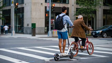 Young man on electric scooter rides alongside senior man on classic bicycle crossing city street, showing contrast in urban mobility choices and generational lifestyles active city life