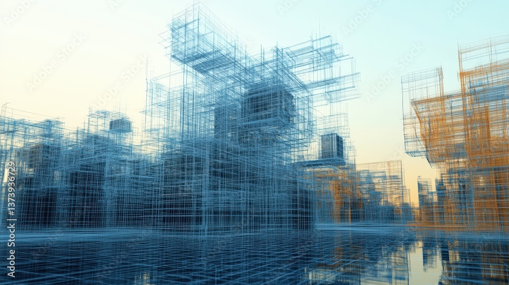 Poster digital abstract construction landscape with wireframe structures materializing into solid buildings