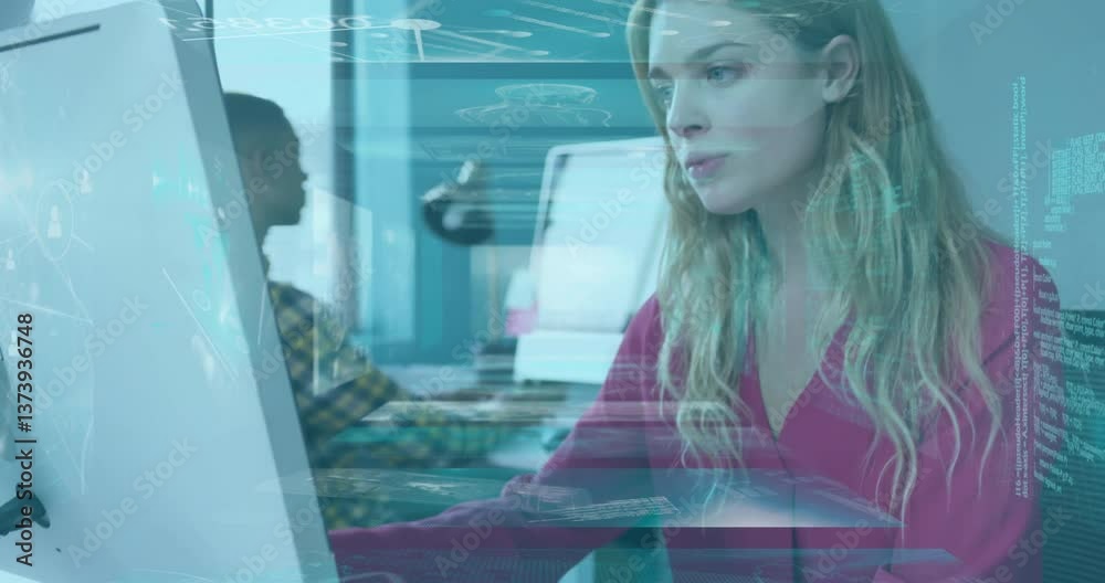 Poster woman working on computer with digital data processing animation overlay