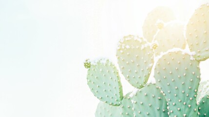 Sunlit cactus with snow on spines against a bright sky