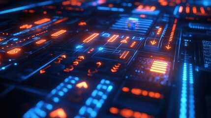 Obraz premium digital dashboard with multiple glowing arrows indicating directions and movement.