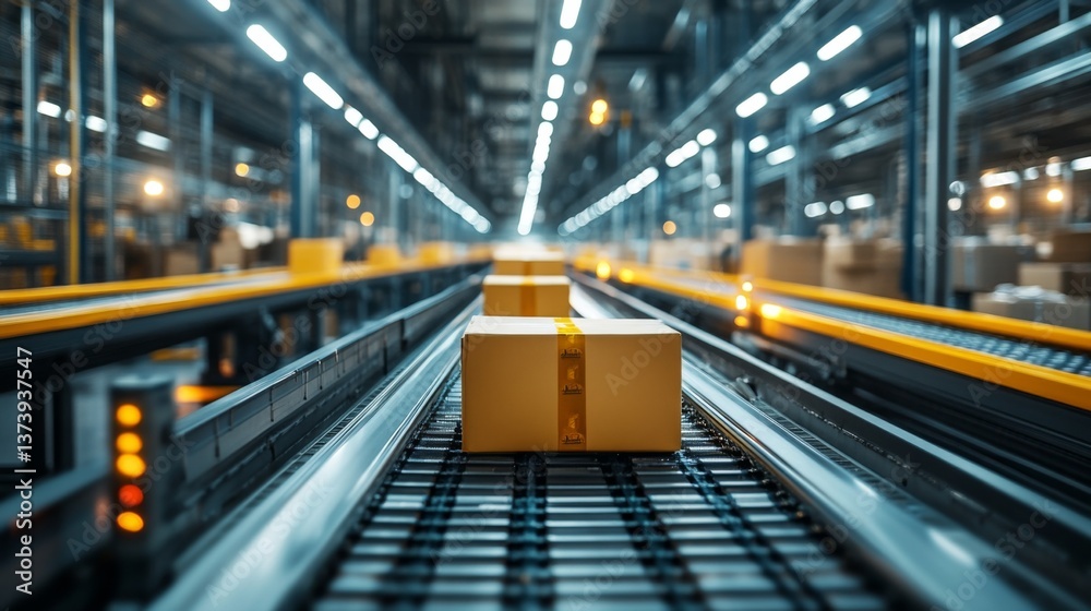 Poster Packages are actively moving along a conveyor belt inside a spacious warehouse. Workers are focused on sorting and managing inventory in the busy distribution hub.