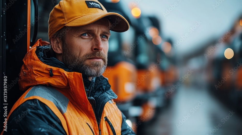 Poster a logistics professional stands confidently next to a fleet of trucks at a distribution center, moni