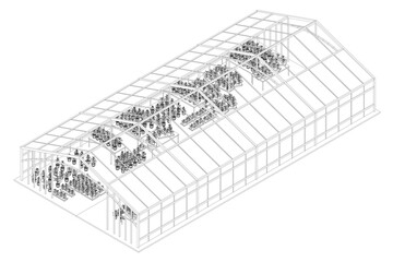 A drawing of a greenhouse with many plants inside. The drawing is in black and white. The greenhouse is very large and has many plants inside