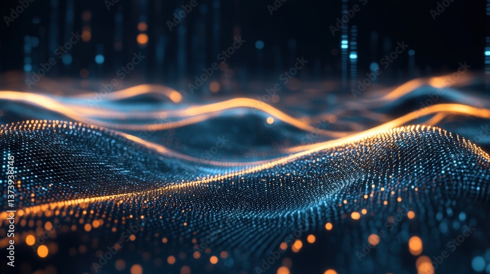 Poster a digital transformation concept with dynamic waves of data flowing through an advanced network