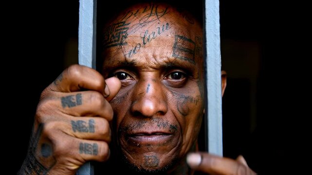 Extreme close-up of an older, heavily tattooed prisoner's face gripping bars, symbolizing long-term incarceration, gang identity, and the brutal realities of hardened prison existence