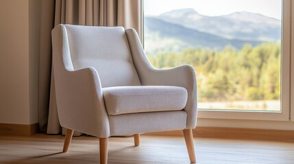 Fototapeta premium minimalist interior design neutral tones mindfulness Cozy armchair by a large window with a scenic mountain view in a bright interior.