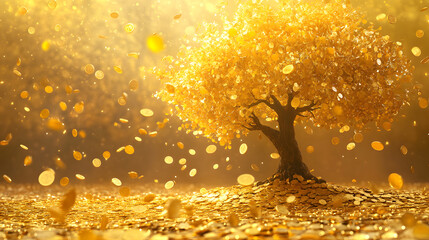 Gold tree, Stacking gold coins and money bag of tree with growing put on the wood on the morning sunlight, Saving money and loan for business investment concept.	