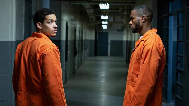 Two inmates in orange jumpsuits furtively exchange a note in a prison corridor, suggesting clandestine communication, contraband, or planning within the confines of incarceration
