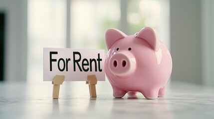 A pink piggy bank next to a "For Rent" sign symbolizes saving money and rental opportunities in a bright, modern space.