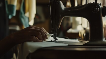Sewing fabric with an old sewing machine in a cozy workshop during the afternoon