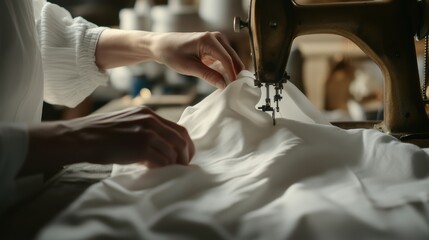 Crafting fabric into designs using a sewing machine in a cozy workshop during daylight hours