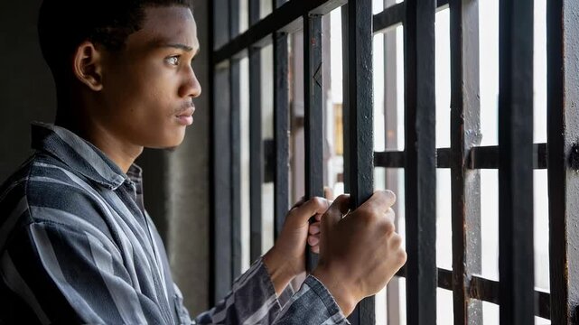 Young prisoner in a striped uniform holds onto bars looking out his cell window, conveying a sense of longing, isolation, and the consequences of confinement within the justice system