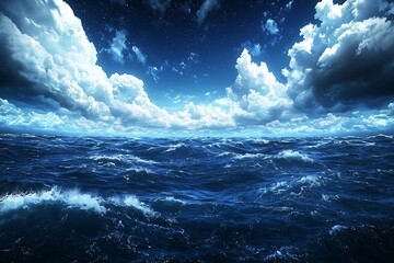 Night Ocean Waves with Cloudy Sky.