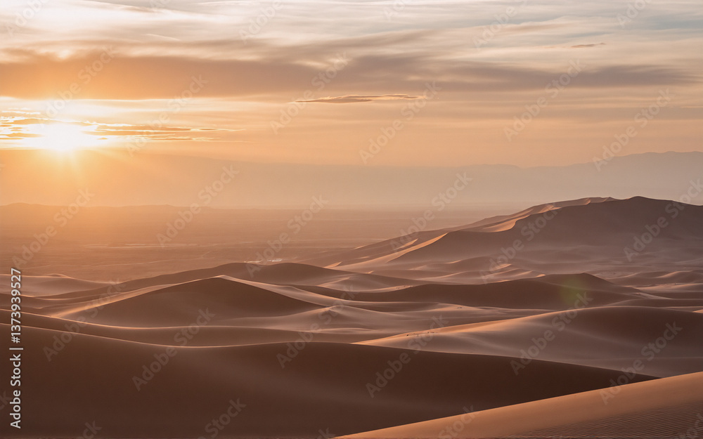 Aufkleber golden hour bathes the serene desert landscape in warm hues. sand dunes undulate across the terrain,