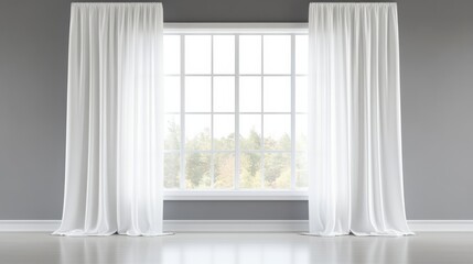 minimalist interior design  neutral tones  mindfulness Bright, airy room with large window and flowing white curtains, inviting natural light.